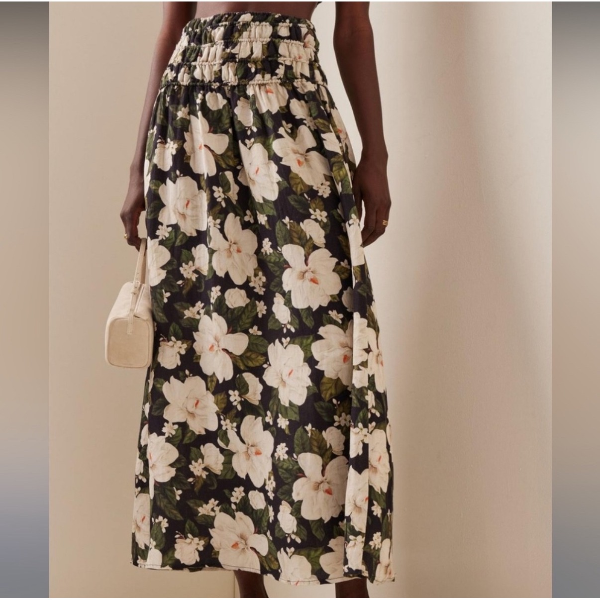 Posse Black Abby Floral Printed Linen Smocked Maxi Skirt - Small